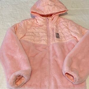 JUSTICE REVERSIBLE GIRLS HOODED COAT JACKET FAUX FUR PINK POCKETS SIZE 4/6 SMALL